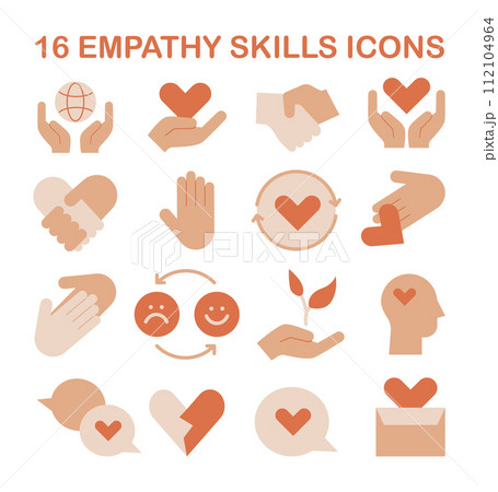 Empathy icons set. Deep understanding of emotions and sympathy. Soft skill development. Self-improvement for psychological and emotional maturity. Flat vector illustration 112104964