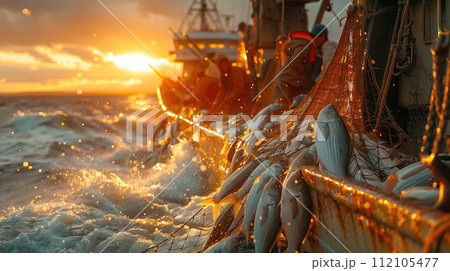 A group of fishermen is on a big boat in the sea. They are taking fish out of the nets, pulling them up one by one. Hardworking fishermen are hauling in their catch form the nets Generative AI. 112105477