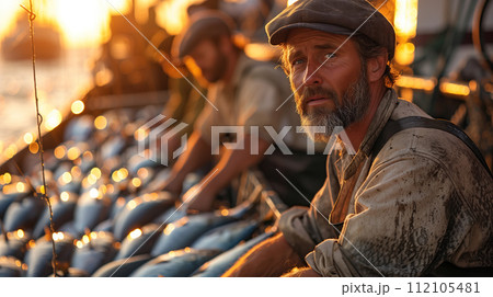 A group of fishermen is on a big boat in the sea. They are taking fish out of the nets, pulling them up one by one. Hardworking fishermen are hauling in their catch form the nets Generative AI. 112105481