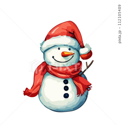 Snowman with a scarf, gloves and hat isolated in a white background in cartoon watercolor style. Flat design. Vector illustration. 112105489