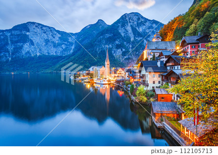 Hallstatt, Austria. Scenic postcard view of world famous alpine village in Upper Austria, Dachstein Alps. Hallstatt, Austria. Scenic postcard view of world famous alpine village in Upper Austria, Dachstein Alps. 112105713
