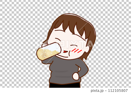 （上半身斜め）ビールをグビグビ美味しく飲んで酔っ払う太った女性 112105807