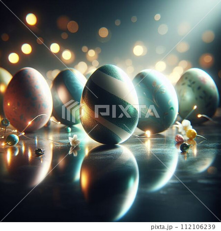 Easter table setting with blue painted eggs in ceramic vase and candles on rustic wooden table 112106239