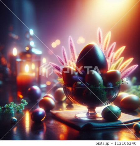Easter table setting with blue painted eggs in ceramic vase and candles on rustic wooden table 112106240