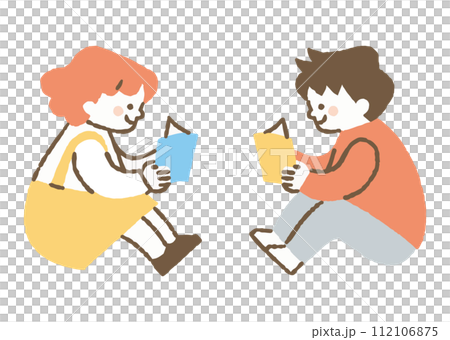 Boy and girl reading a book facing each other_color 112106875