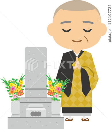 お墓で合掌するお坊さんのイメージイラスト 112107722