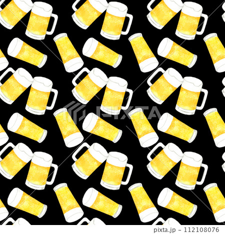 ビールのシームレスパターン　手描き水彩イラスト素材 112108076