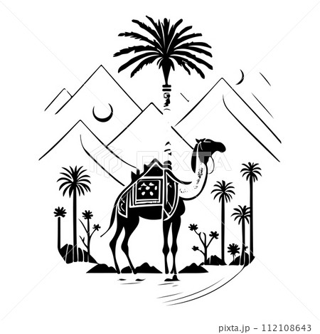 Desert Camel Mosque ramadan ornament palm tree illustration sketch hand draw Desert Camel Mosque ramadan ornament palm tree illustration sketch hand draw 112108643