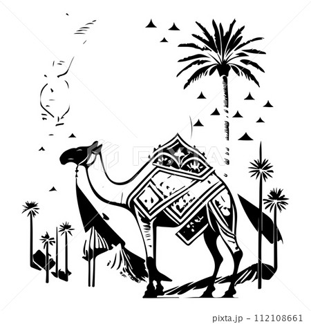 Desert Camel Mosque ramadan ornament palm tree illustration sketch hand draw  112108661