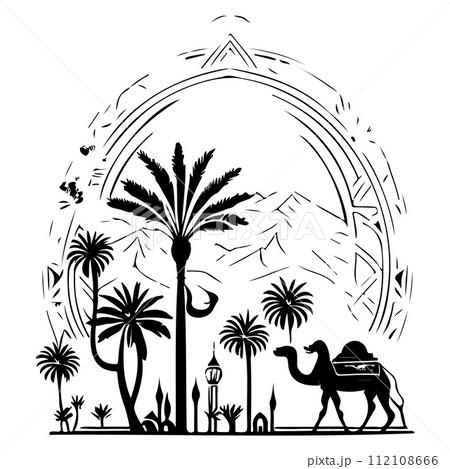 Desert Camel Mosque ramadan ornament palm tree illustration sketch hand draw Desert Camel Mosque ramadan ornament palm tree illustration sketch hand draw 112108666