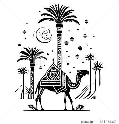 Desert Camel Mosque ramadan ornament palm tree illustration sketch hand draw Desert Camel Mosque ramadan ornament palm tree illustration sketch hand draw 112108667