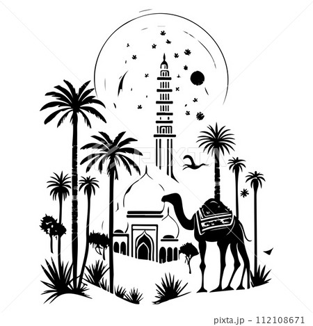 Desert Camel Mosque ramadan ornament palm tree illustration sketch hand draw  112108671