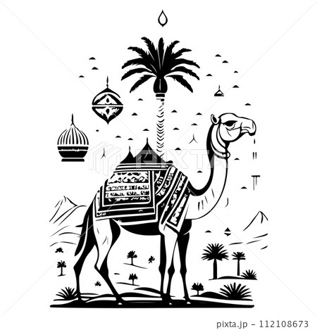 Desert Camel Mosque ramadan ornament palm tree illustration sketch hand draw  112108673
