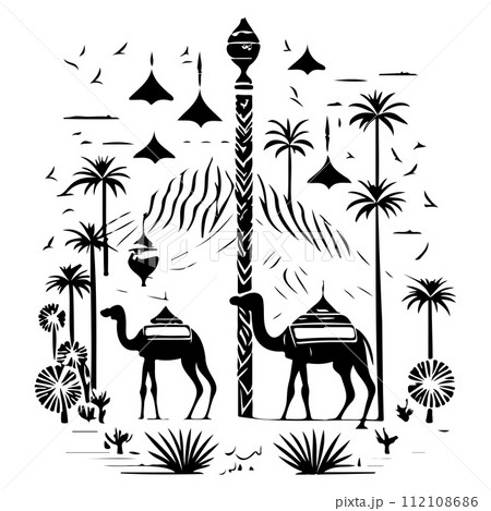 Desert Camel Mosque ramadan ornament palm tree illustration sketch hand draw Desert Camel Mosque ramadan ornament palm tree illustration sketch hand draw 112108686