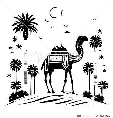 Desert Camel Mosque ramadan ornament palm tree illustration sketch hand draw  112108703