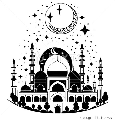 Ramadan kareem moon jerusalem Mosque illustration draw black 112108795