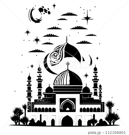 Ramadan kareem moon jerusalem Mosque illustration draw black 112108801