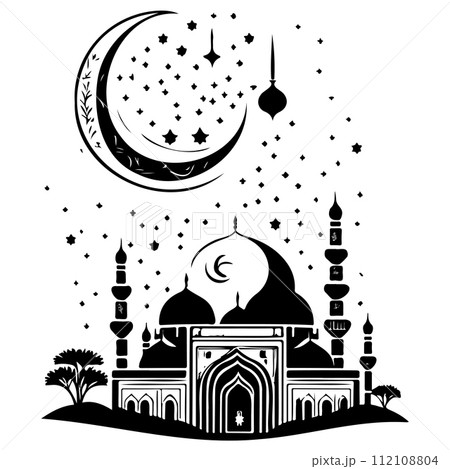 Ramadan kareem moon jerusalem Mosque illustration draw black 112108804