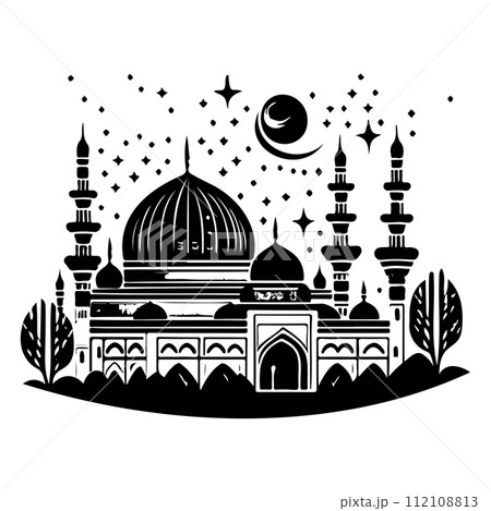 Ramadan kareem moon jerusalem Mosque illustration draw black 112108813