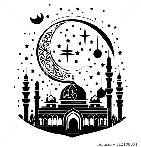 Ramadan kareem moon jerusalem Mosque illustration draw black 112108831