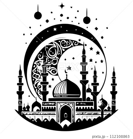 Ramadan kareem moon jerusalem Mosque illustration draw black 112108863