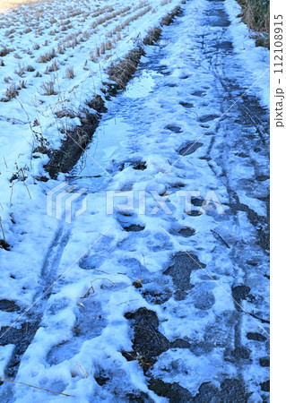 大雪後の残雪と薄氷 田圃の農道 荒川河川敷の冬景色 大雪後の残雪と薄氷 田圃の農道 荒川河川敷の冬景色 112108915