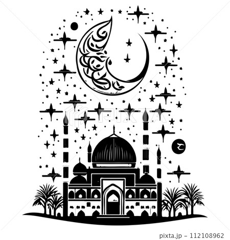 Ramadan kareem moon jerusalem Mosque illustration draw black 112108962