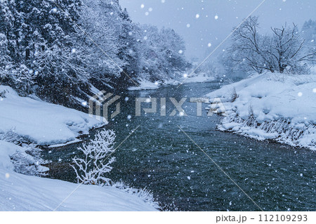 新潟県長岡市西谷　雪の舞う美しい渋海川 112109293