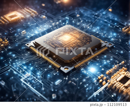 基盤に浮かび上がるパソコンCPU 112109513