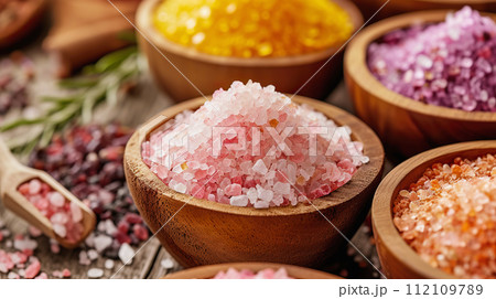 AI-generated content. Artisanal bath and spa salt variety for spa and relaxation in bowls 112109789