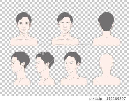Illustration set of faces of young men in their 20s and 30s from various angles Illustration set of faces of young men in their 20s and 30s from various angles 112109897
