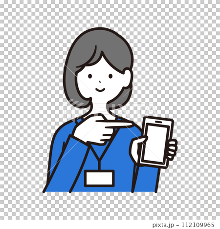 スマートフォンを持っている社員証を下げた日本人女性会社員のイラスト素材 スマートフォンを持っている社員証を下げた日本人女性会社員のイラスト素材 112109965