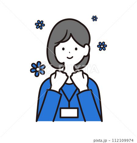 感動して喜ぶ社員証を下げた日本人女性会社員と花のイラスト素材 112109974