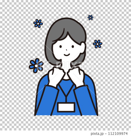 感動して喜ぶ社員証を下げた日本人女性会社員と花のイラスト素材 112109974