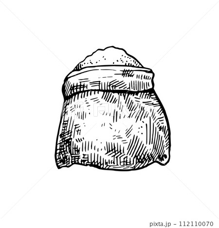 Sack with cereals isolated on white background. Hand-drawn sketch. Harvest of rice grain. Vector illustration. 112110070