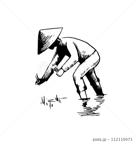 Asian farmer in rice field. Hand-drawn black and white sketch. Vector illustration. Asian farmer in rice field. Hand-drawn black and white sketch. Vector illustration. 112110071