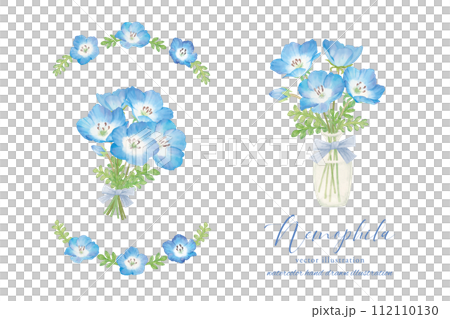 水彩で描いたのネモフィラの花束と一輪挿し 112110130