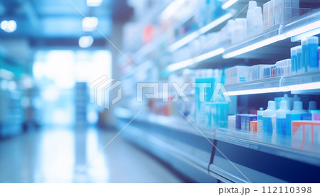 AI-generated content. The blurred abstract background of the pharmacy. AI-generated content. The blurred abstract background of the pharmacy. 112110398