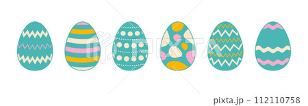 Colorful Easter eggs set. Blue, yellow, pink spring egg icon collection with different ornaments. Doodle style Easter illustration bundle for banner, poster, card, invitation, sticker. Vector pack Colorful Easter eggs set. Blue, yellow, pink spring egg icon collection with different ornaments. Doodle style Easter illustration bundle for banner, poster, card, invitation, sticker. Vector pack 112110758