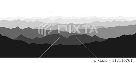 Black and white mountain range silhouettes. Haze panoramic landscape view. Mountain ridges and hills on horizon. Grey shades mount peaks with mist or fog. Vector scenery terrain background 112110761