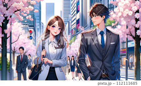 桜が舞う都会の街を歩きながら、新しい生活のスタートの20代男性と女性_イラスト 桜が舞う都会の街を歩きながら、新しい生活のスタートの20代男性と女性_イラスト 112111685