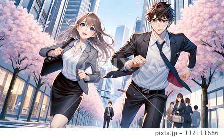 桜が舞う都会の街を歩きながら、新しい生活のスタートの20代男性と女性_イラスト 112111686