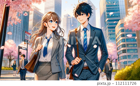 桜が舞う都会の街を歩きながら、新しい生活のスタートの20代男性と女性_イラスト 112111726