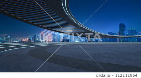 Perspective view of empty concrete floor with cement staircase and wood strip roof decoration 112111964