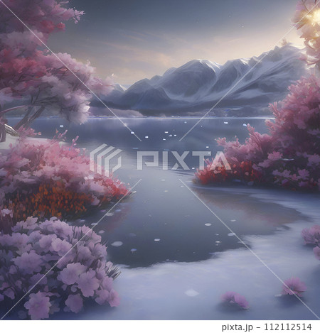 Beautiful scenery of a frozen lake with colorful snow flowers. AI-Generated. 112112514