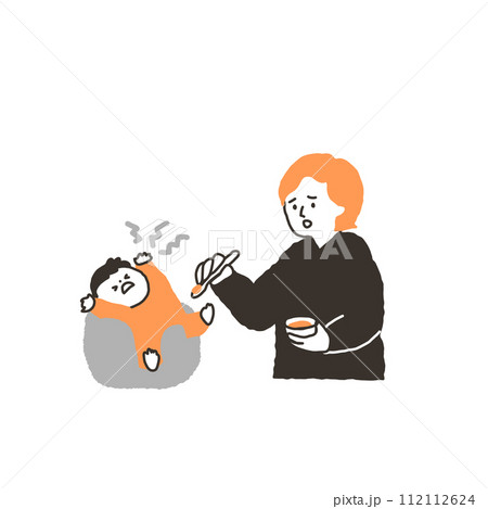 離乳食を嫌がる赤ちゃんと困るお母さん 112112624