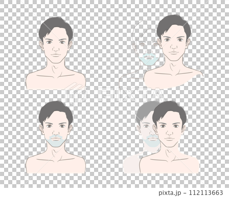 髭が濃い、青ひげの男性のイメージ・ビフォーアフターについてのイラストセット 112113663