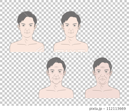 一組40多歲到60多歲中年男性臉部變化的衰老圖像插圖。 112113669