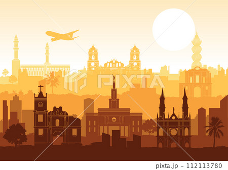 Panama famous landmark silhouette style with row design on sunset time 112113780