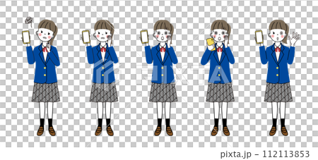 スマートフォンを持っていろんな表情をしている制服姿の女子学生 スマートフォンを持っていろんな表情をしている制服姿の女子学生 112113853